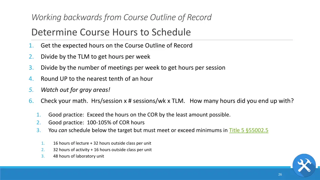 working backwards from course outline of record