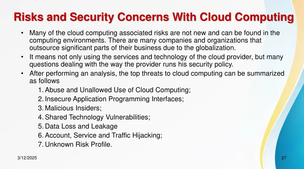 risks and security concerns with cloud computing