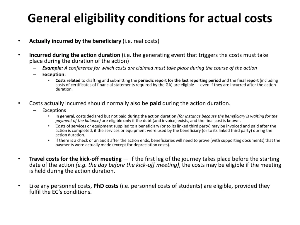 general eligibility conditions for actual costs