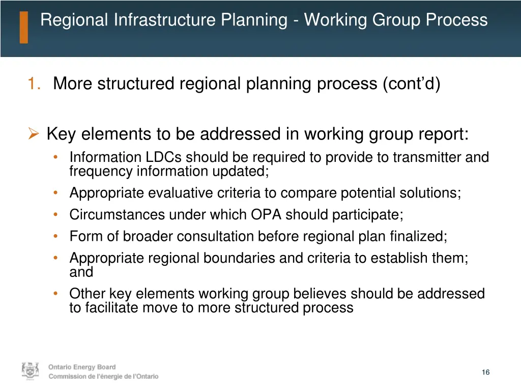 regional infrastructure planning working group 1