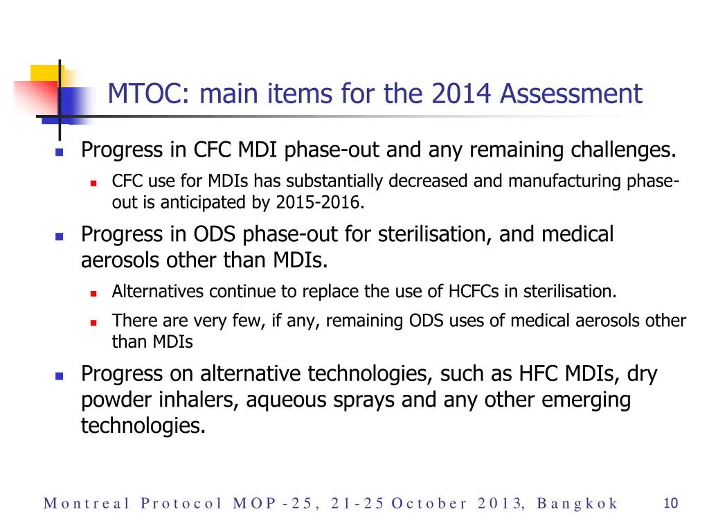 mtoc main items for the 2014 assessment
