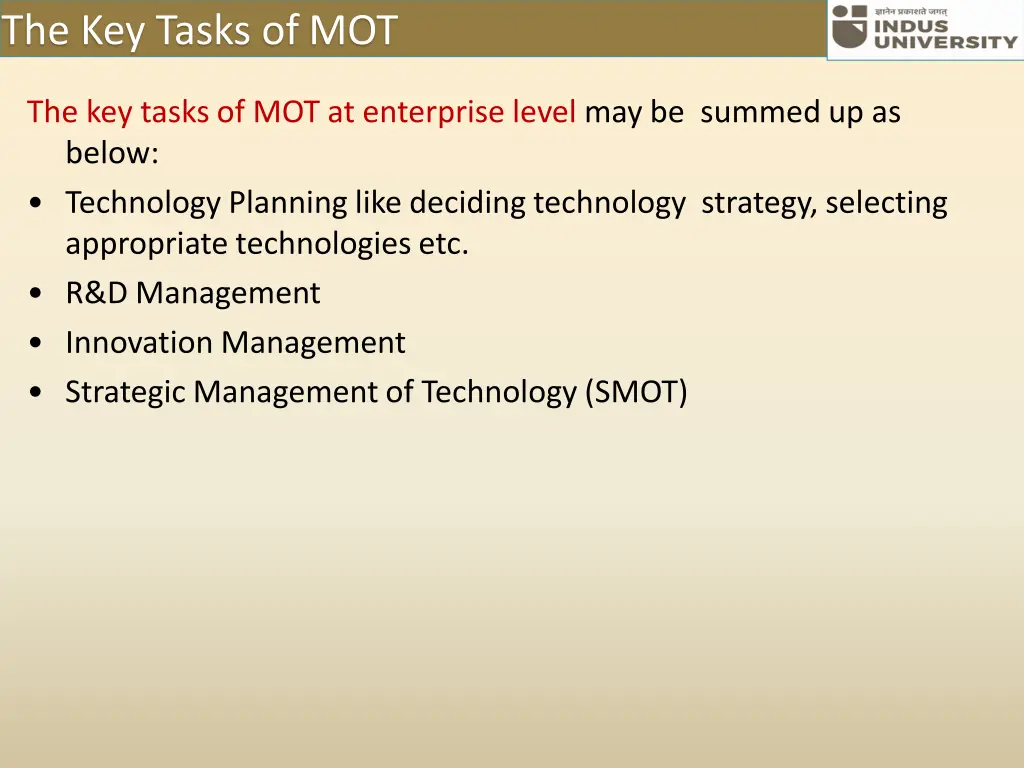 the key tasks ofmot