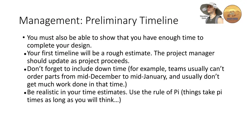 management preliminary timeline