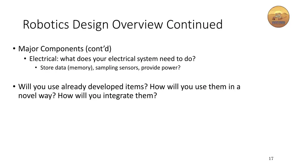 robotics design overview continued