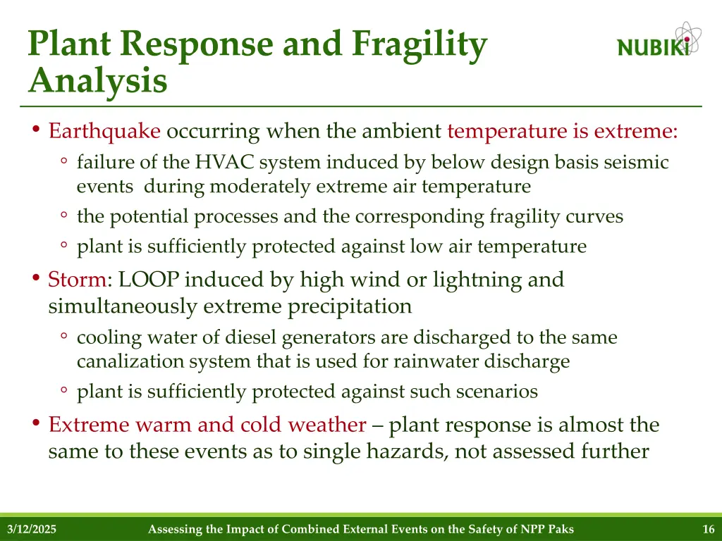 plant response and fragility analysis earthquake