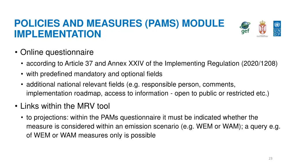 policies and measures pams module implementation