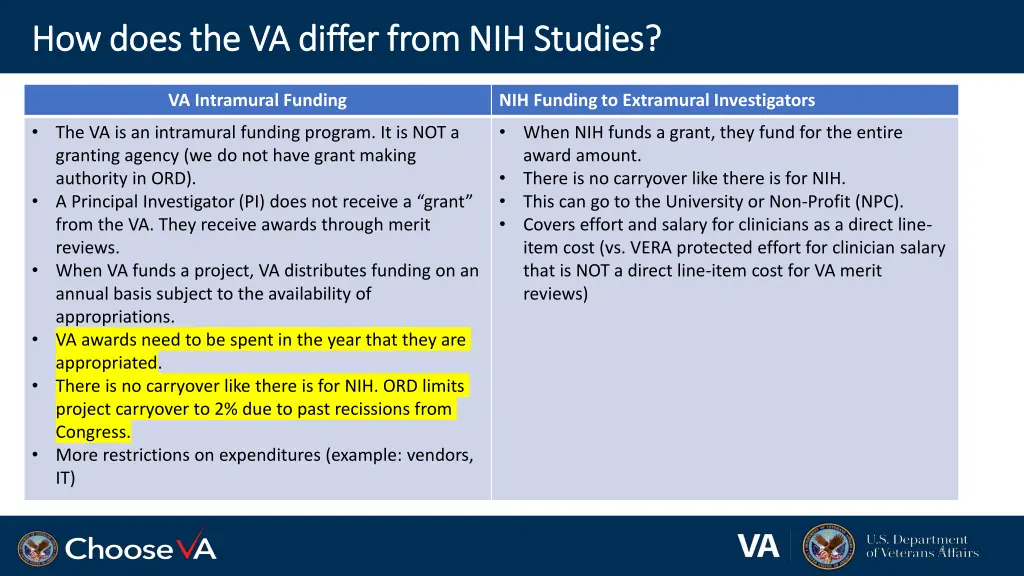 how does the va differ from nih how does