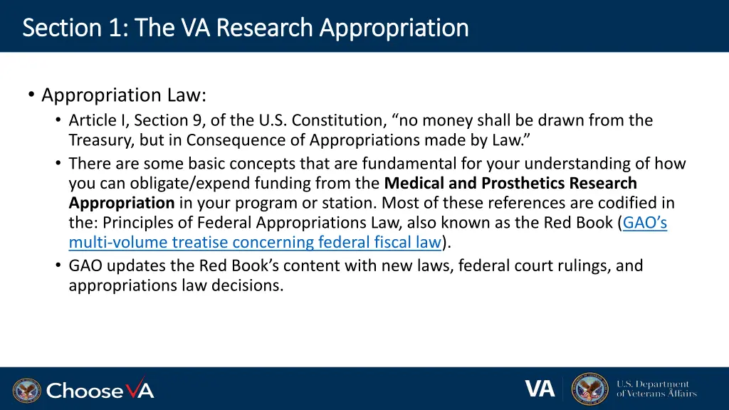 section 1 the va research appropriation section