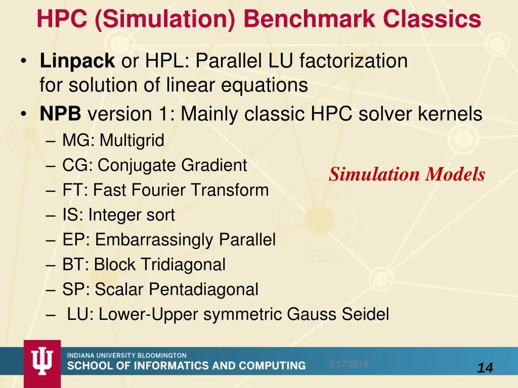 hpc simulation benchmark classics