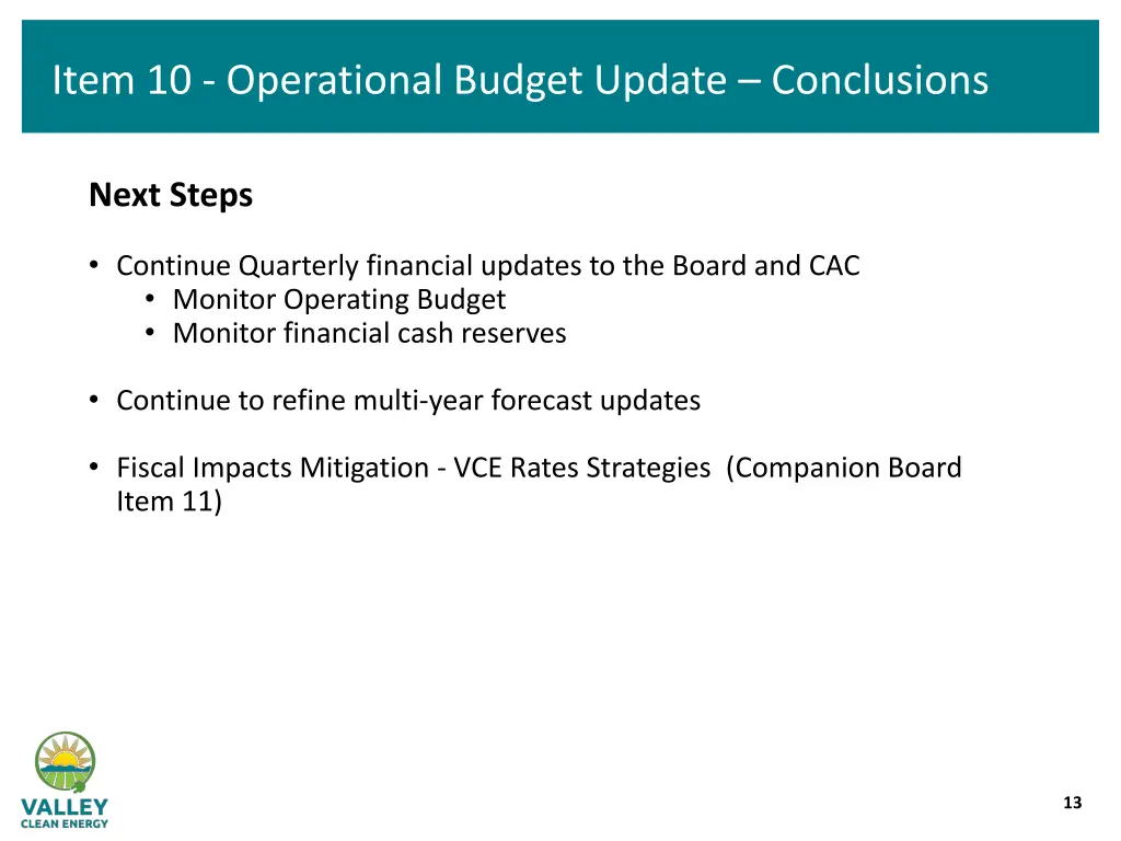 item 10 operational budget update conclusions