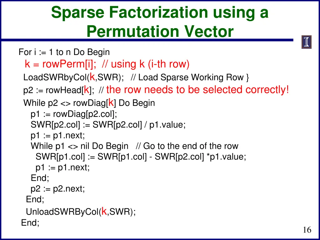 sparse factorization using a permutation vector