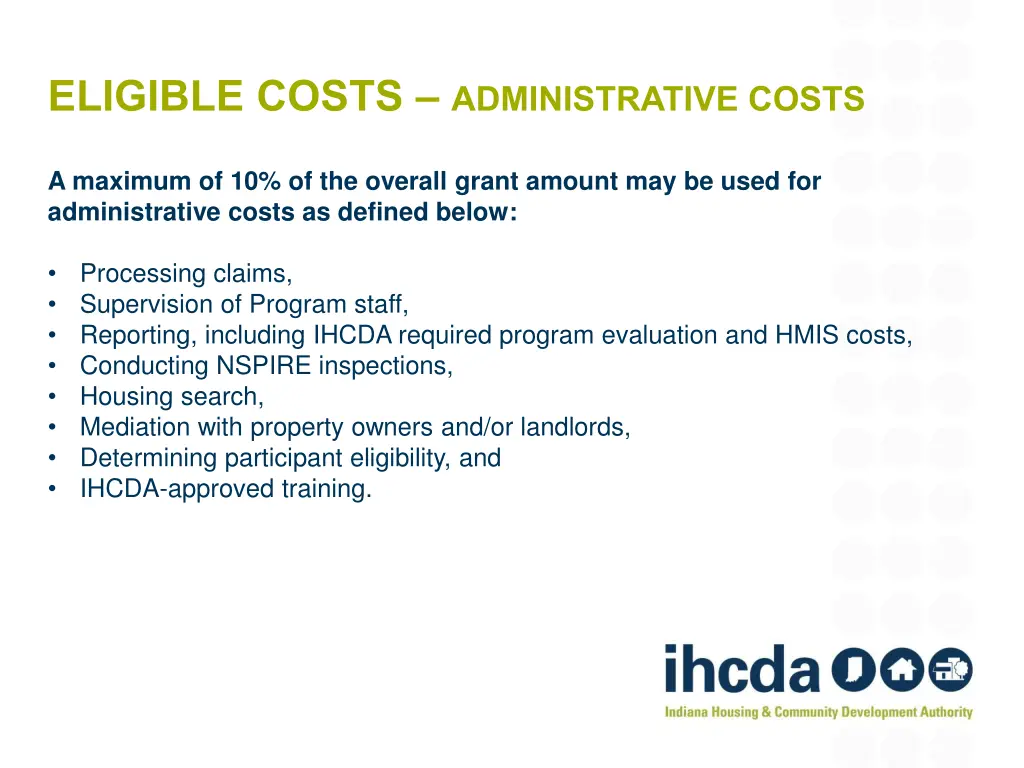 eligible costs administrative costs