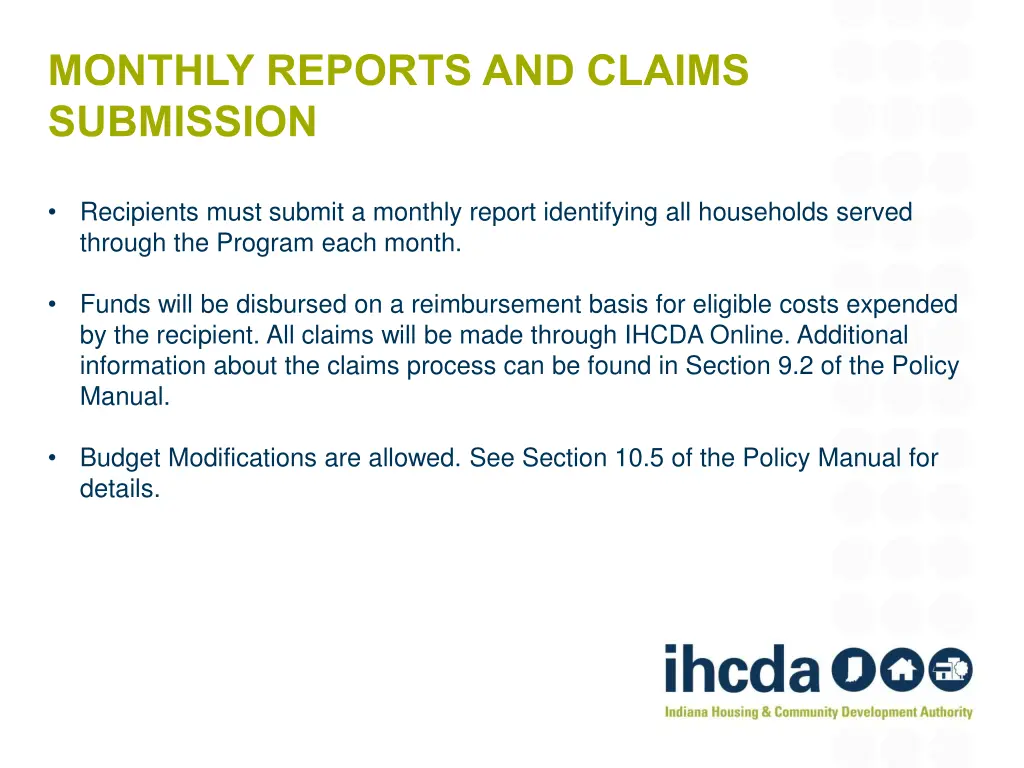 monthly reports and claims submission