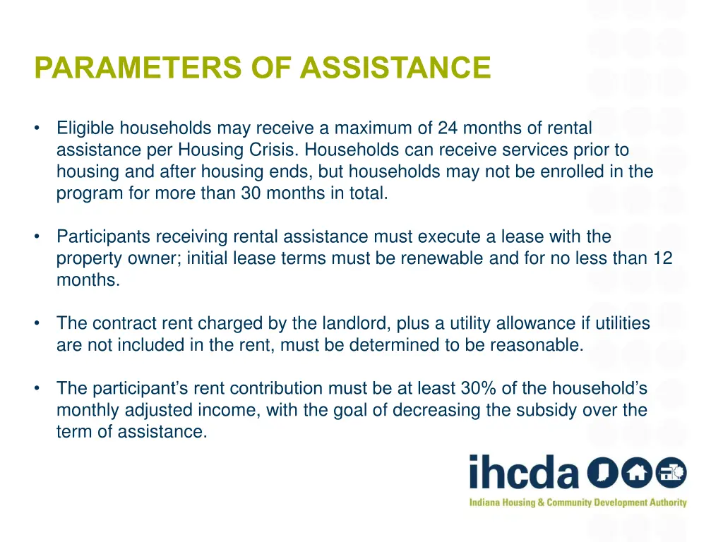 parameters of assistance