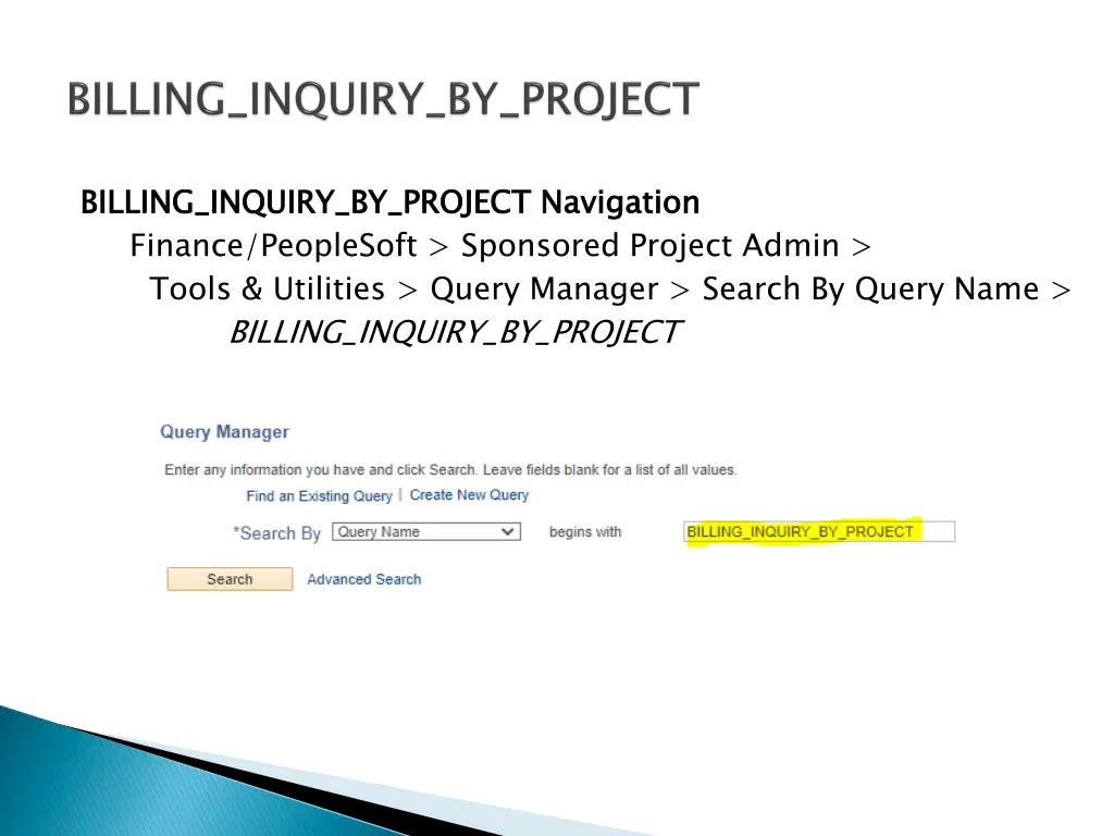 billing inquiry by project navigation tools