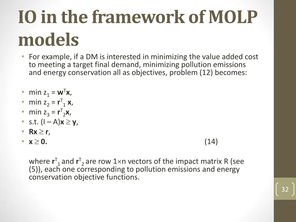 io in the framework of molp models for example