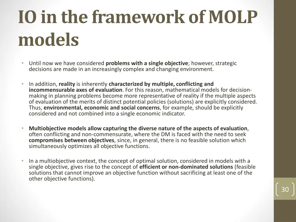 io in the framework of molp models