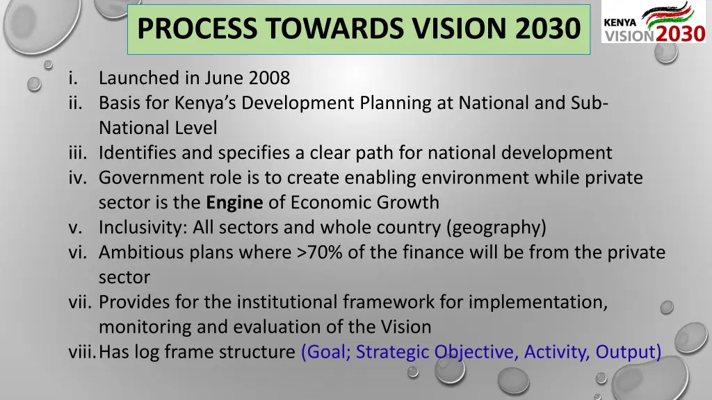 process towards vision 2030