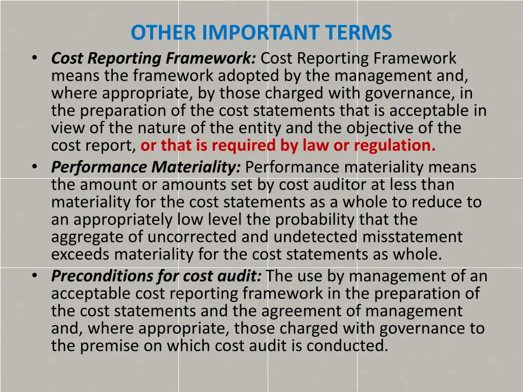 other important terms cost reporting framework
