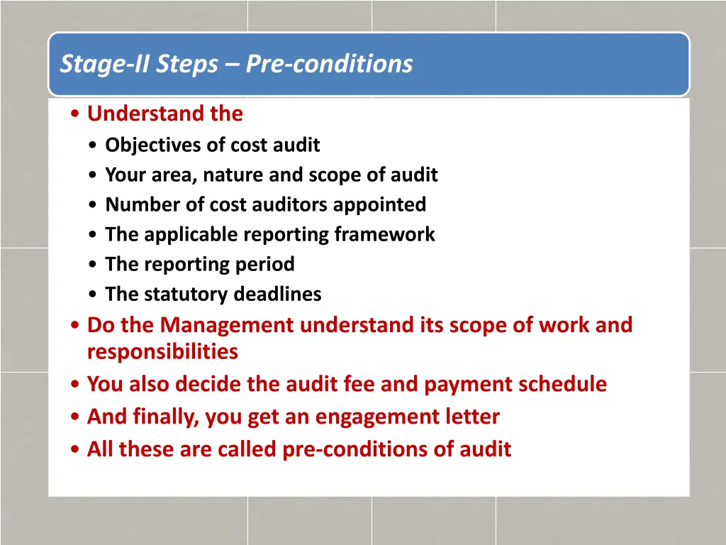stage ii steps pre conditions