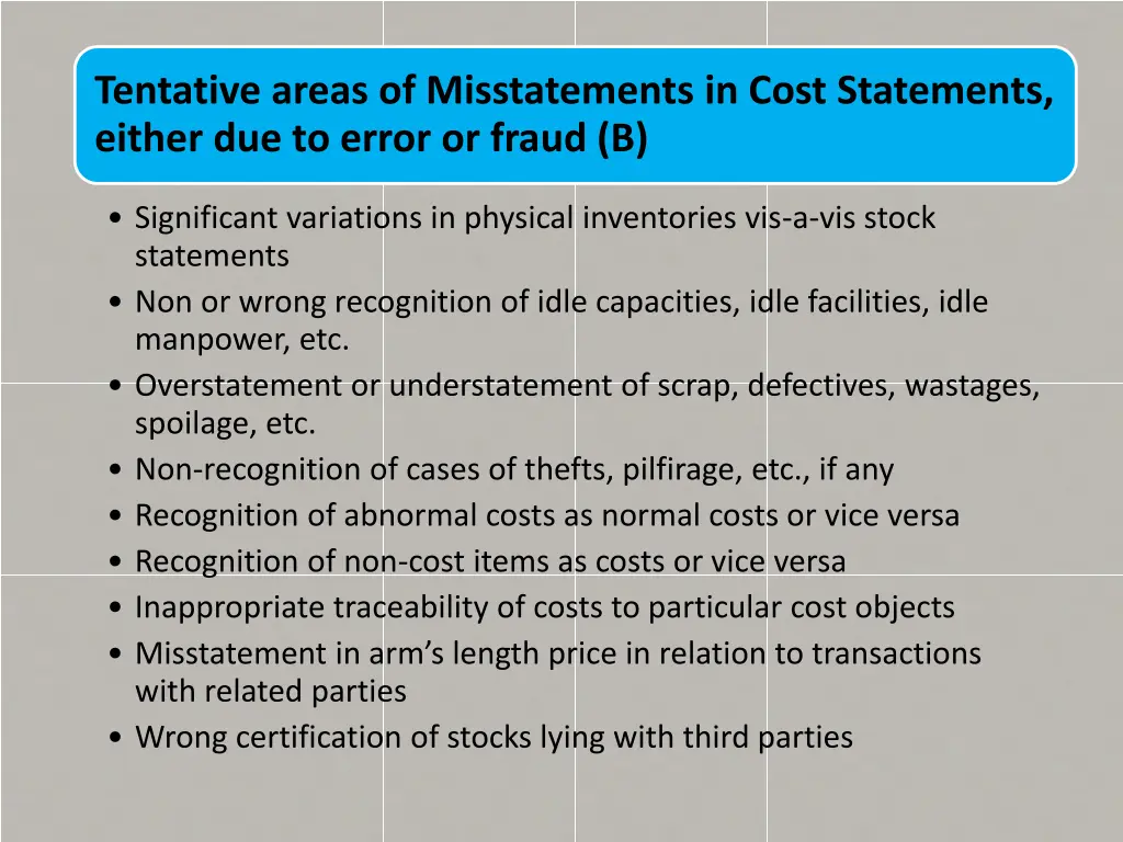 tentative areas of misstatements in cost 1