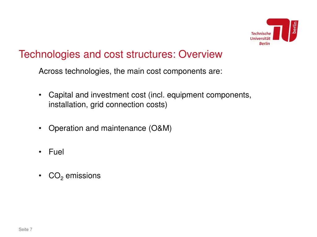 technologies and cost structures overview