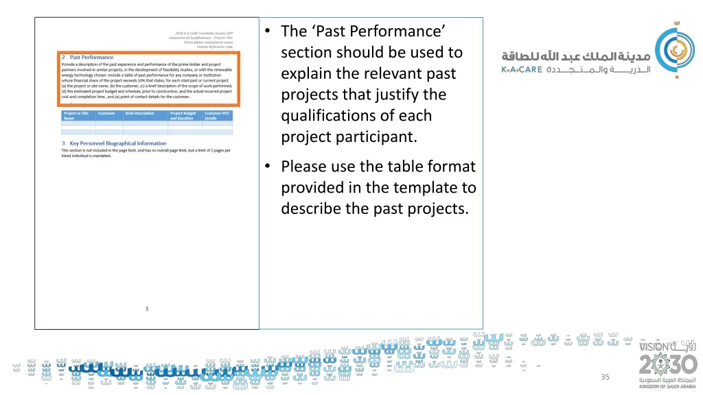 the past performance section should be used