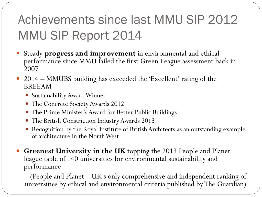 achievements since last mmu sip 2012
