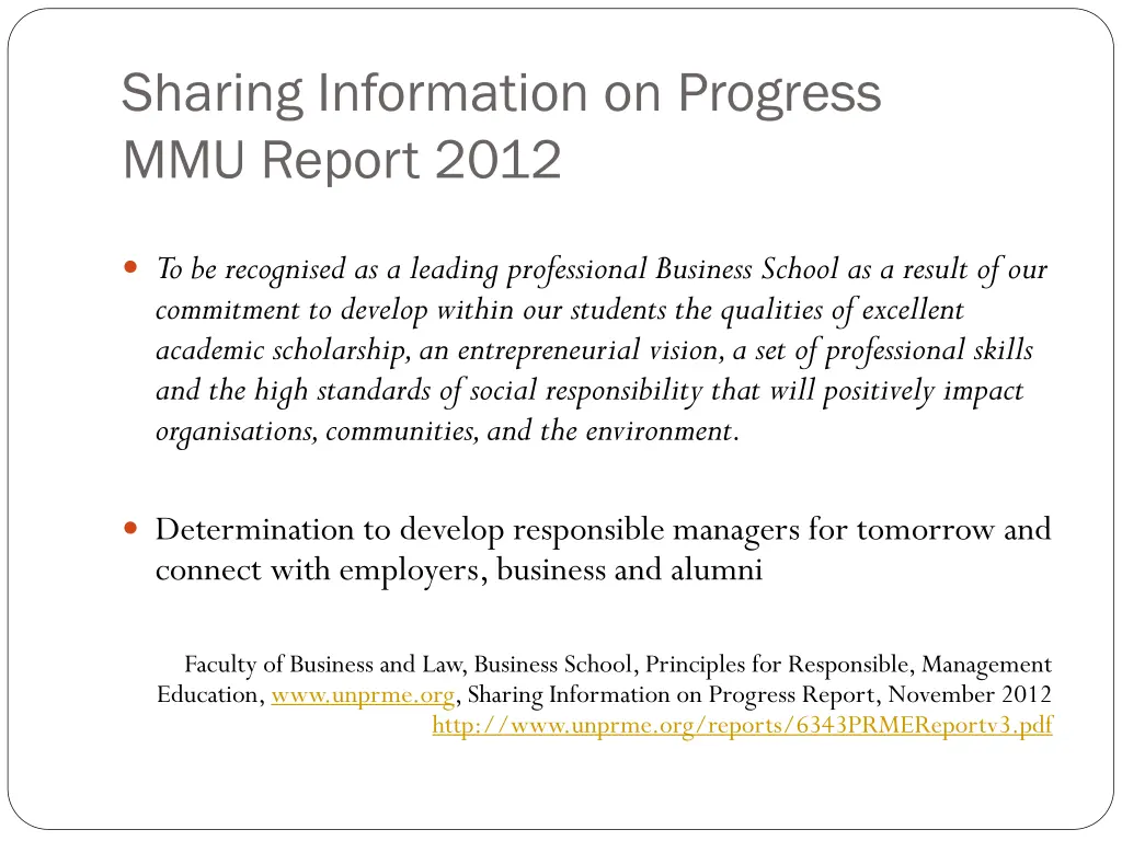sharing information on progress mmu report 2012