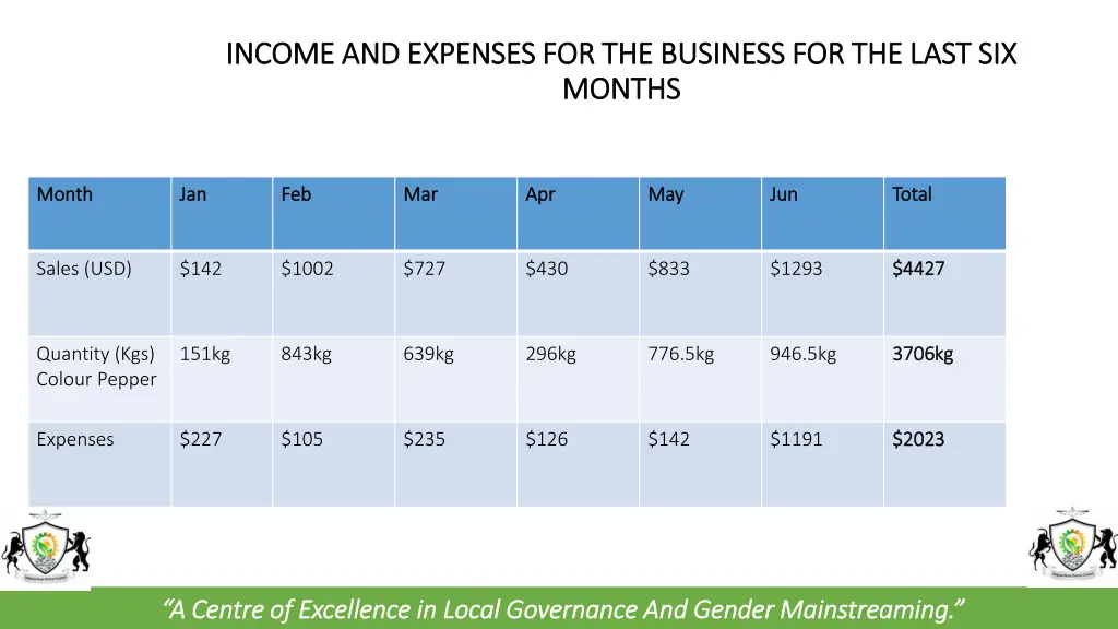 income and expenses for the business for the last