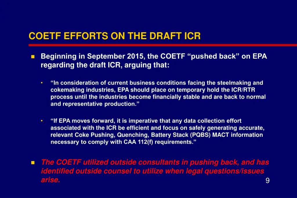 coetf efforts on the draft icr