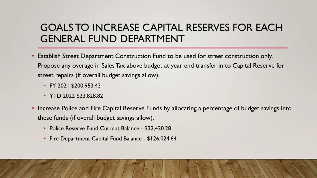 goals to increase capital reserves for each