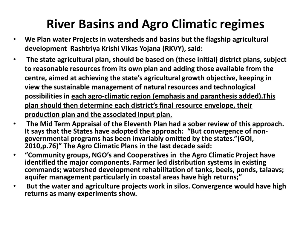river basins and agro climatic regimes