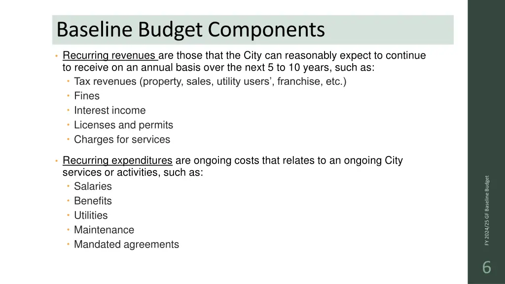 baseline budget components