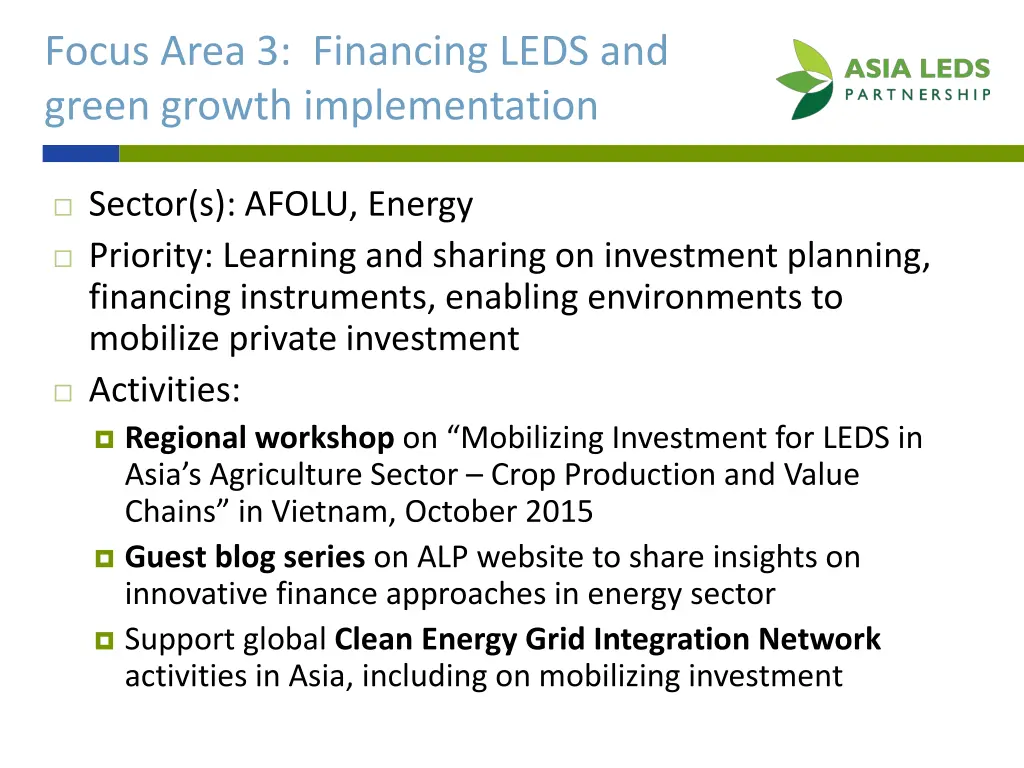 focus area 3 financing leds and green growth