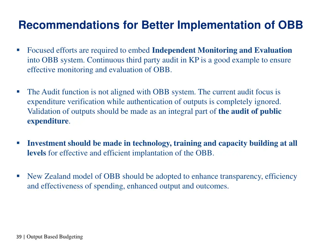 recommendations for better implementation of obb 1