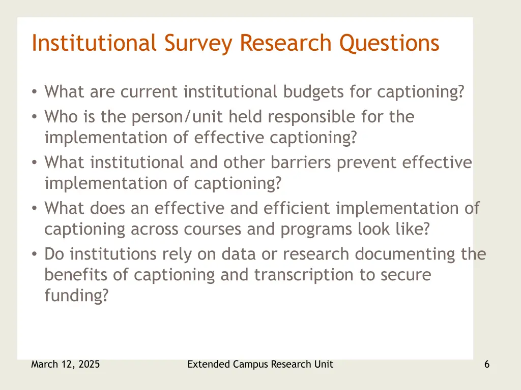 institutional survey research questions 1
