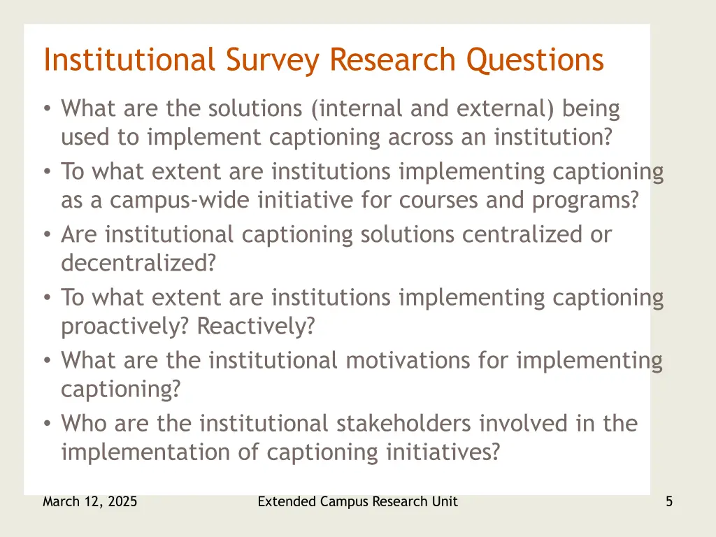 institutional survey research questions