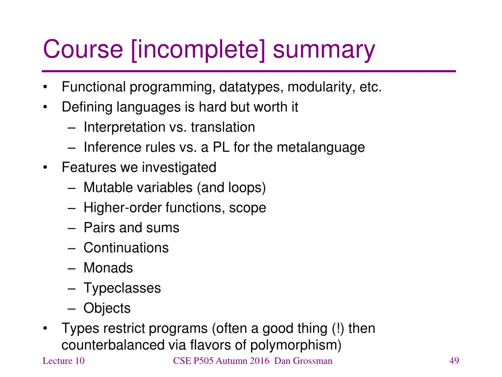 course incomplete summary