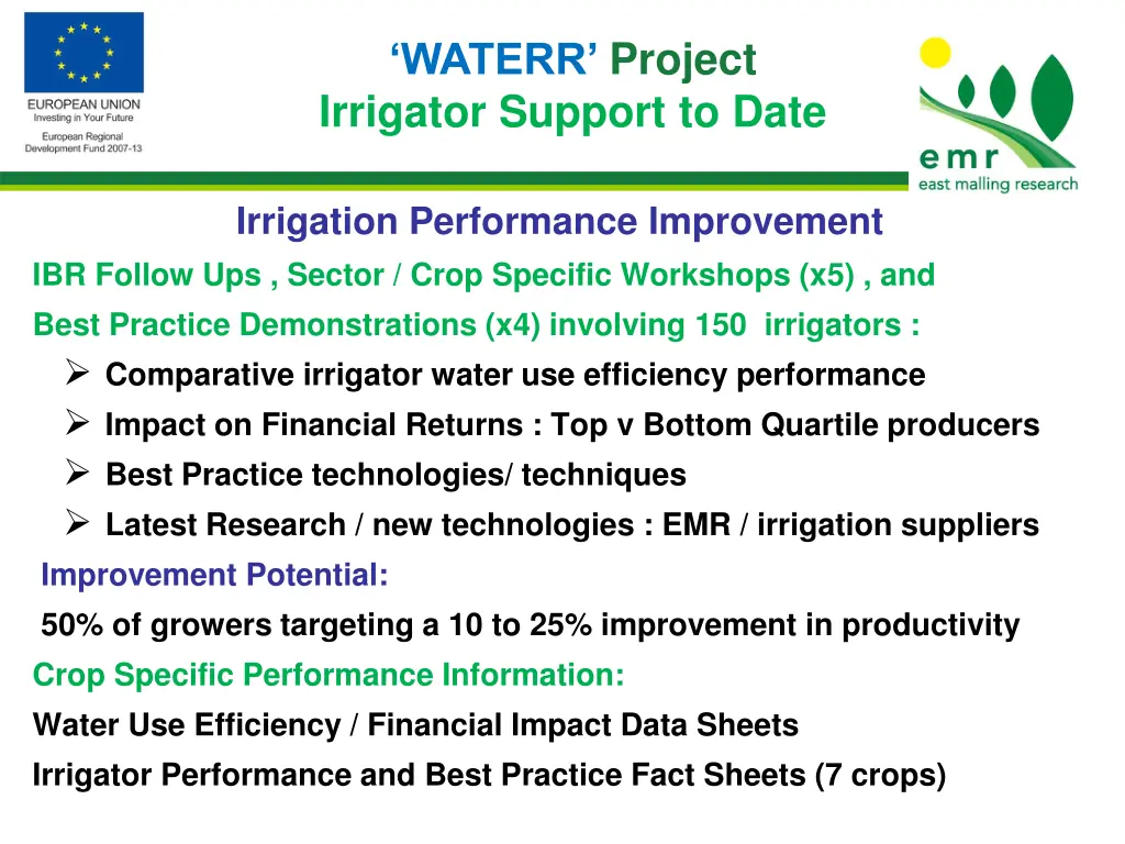 waterr project irrigator support to date 1