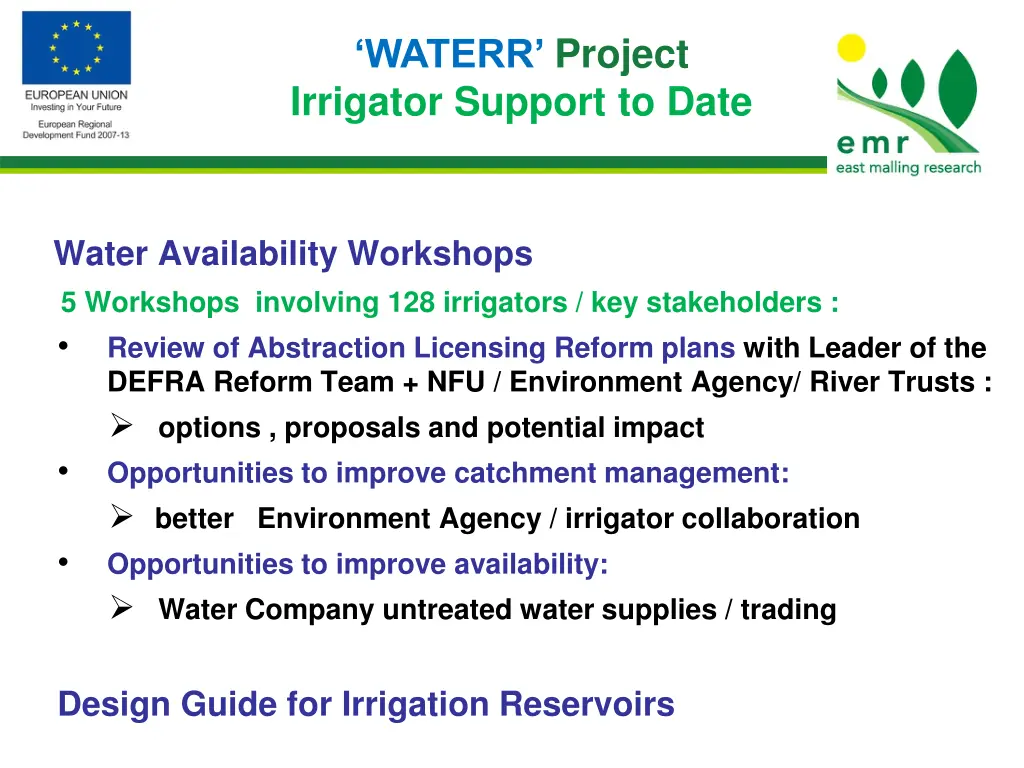 waterr project irrigator support to date