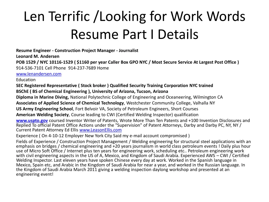 len terrific looking for work words resume part