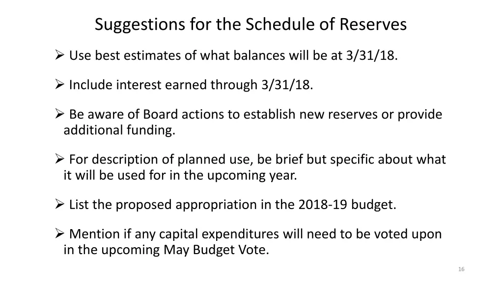 suggestions for the schedule of reserves