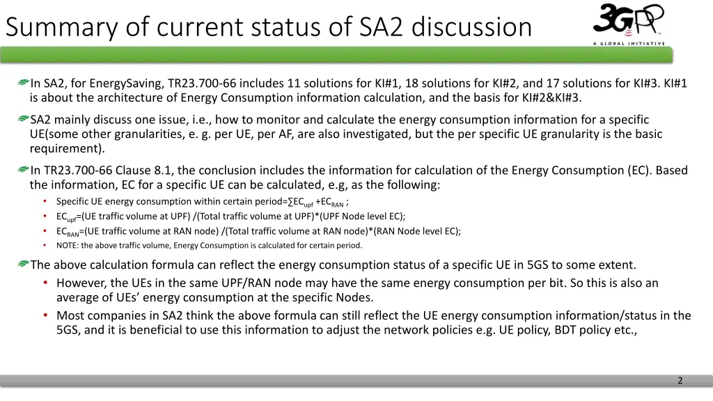 summary of current status of sa2 discussion