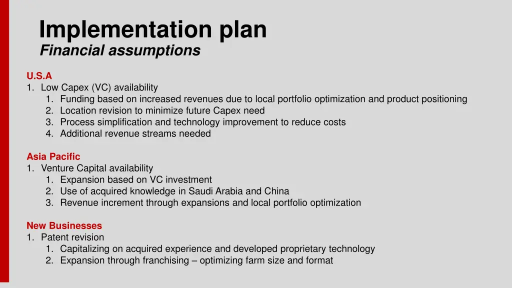 implementation plan financial assumptions