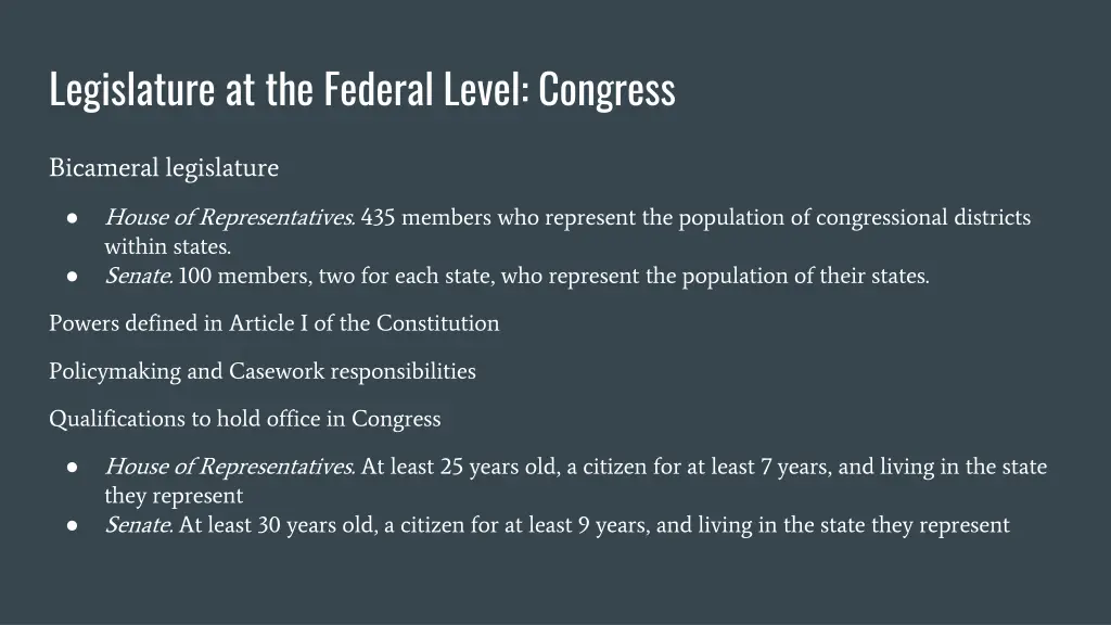 legislature at the federal level congress