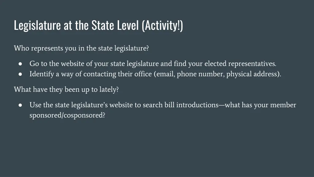 legislature at the state level activity
