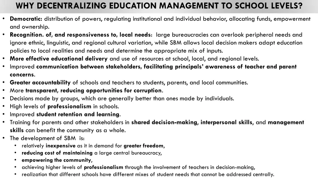 why decentralizing education management to school