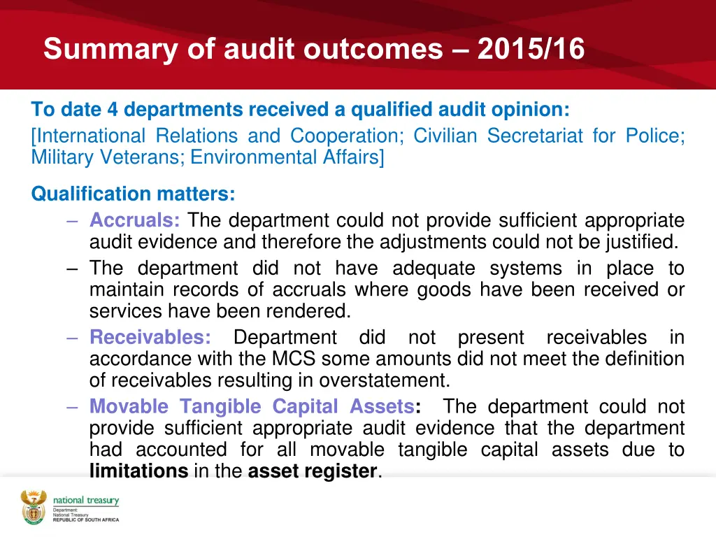 summary of audit outcomes 2015 16 2
