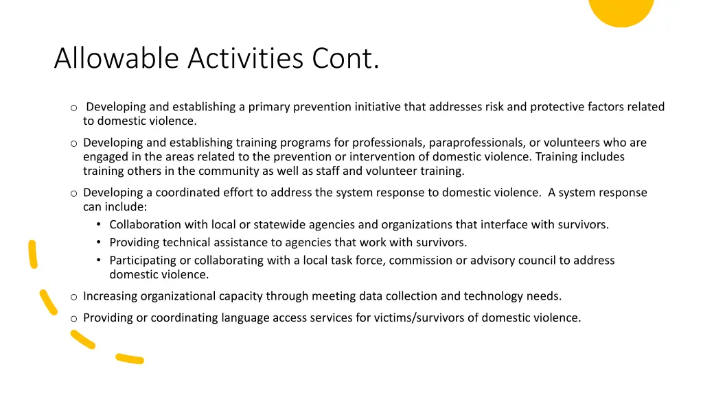 allowable activities cont